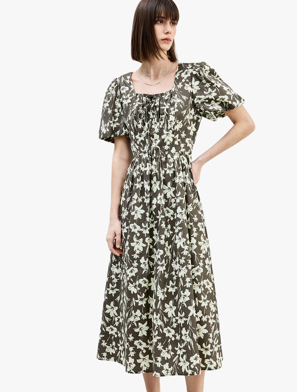 LILY - French Elegant Romantic Floral Square Neck Tea Break Dress